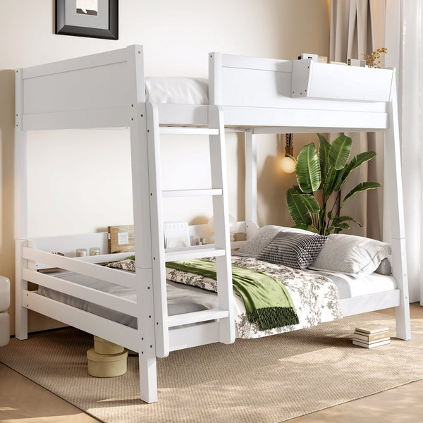 English Elm Full Pine Bunk Bed with Integrated Bookshelves Guardrails and Detachable Frame White W5316S00011