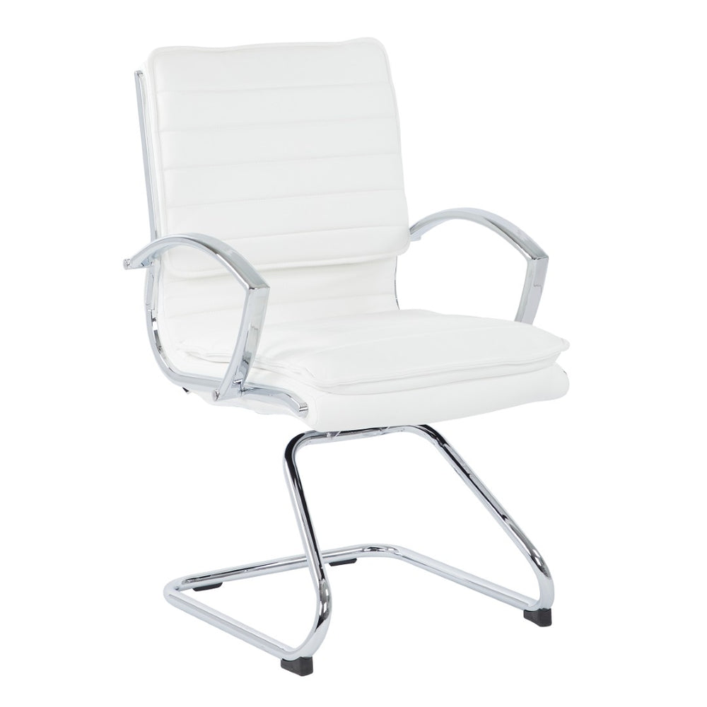 OSP Home Furnishings Guest Faux Leather Office Chair with Chrome Sled Base and Ergonomic Lumbar Support White SPX23595C-U11