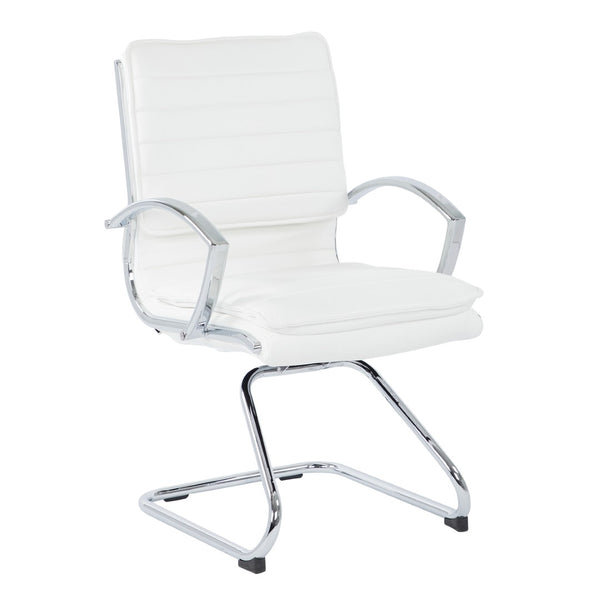 OSP Home Furnishings Guest Faux Leather Office Chair with Chrome Sled Base and Ergonomic Lumbar Support White SPX23595C-U11