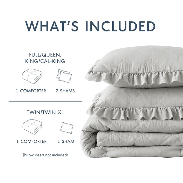JLA Home Comfort Spaces - Diamond Quilted Comforter Set with Ruffled Edge, Oeko-Tex Certified Midweight Luxury for Year-Round Comfort Gray AM10-0188