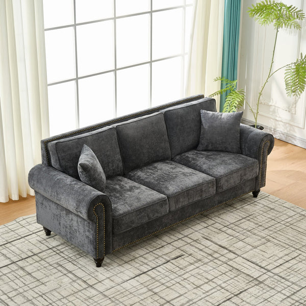 English Elm 86" Modern 3-Seater Sofa with Rolled Arms Chenille Upholstery, Nailhead Trim, Solid Wood Base for Living Room Comfort and Durability Gray W3373S00017
