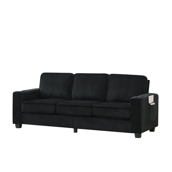 English Elm 84.25-inch Corduroy Three Seater Sofa with Cup Holders Modern Minimalist Living Room Couch Black W288P399981