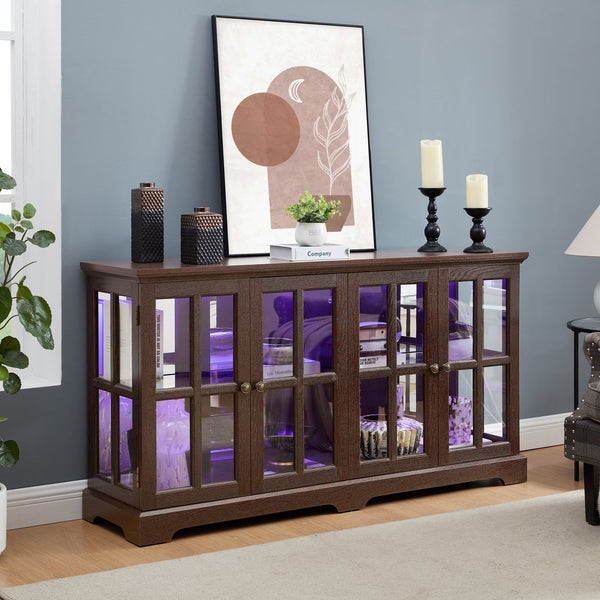 English Elm Led Curio Display Cabinet - Antique Cherry 4-Door Showcase With Adjustable Shelves & Colorful Lighting W2275P231691
