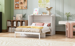 English Elm Full Size Murphy Wall Bed Cabinet with Rattan Panel Detailing and Storage Drawers White N708P336203K