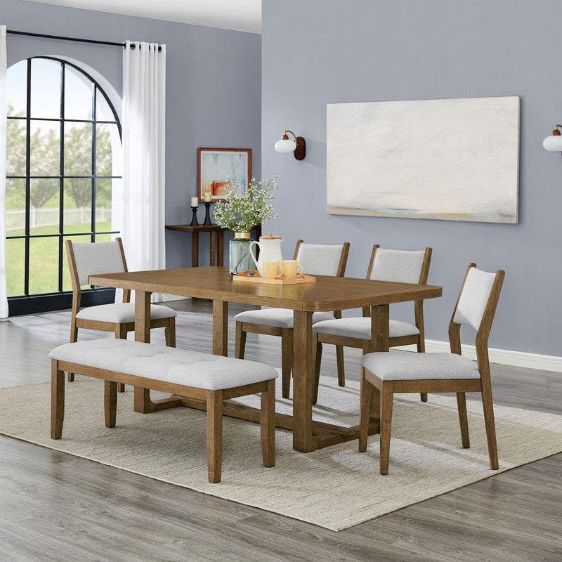 English Elm Dafne Six Piece Walnut Oak Dining Set with Sled Base Bench and Padded Chairs B2749S00316