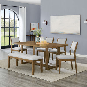 English Elm Dafne Six Piece Walnut Oak Dining Set with Sled Base Bench and Padded Chairs B2749S00316