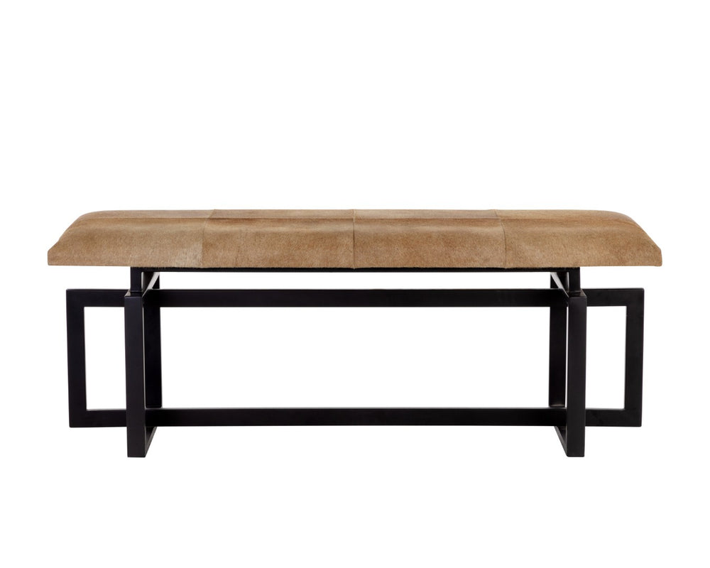 Sunpan PILAR Bench - Artisan-Crafted, Hand-Stitched Brown Cowhide on Sleek Black Iron Frame, Unique Design 108187