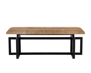 Sunpan PILAR Bench - Artisan-Crafted, Hand-Stitched Brown Cowhide on Sleek Black Iron Frame, Unique Design 108187