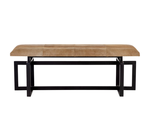 Sunpan PILAR Bench - Artisan-Crafted, Hand-Stitched Brown Cowhide on Sleek Black Iron Frame, Unique Design 108187