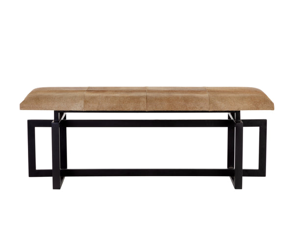 Sunpan Pilar Bench - Handcrafted Cowhide Seating with Stylish Black Iron Frame for Elegant Transitional Spaces Brown