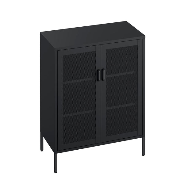 English Elm Amelia Metal Accent Cabinet 32" — Steel Mesh Doors, Adjustable Shelves, Minimalist Legs for Modern Storage Solutions Black B365P397890