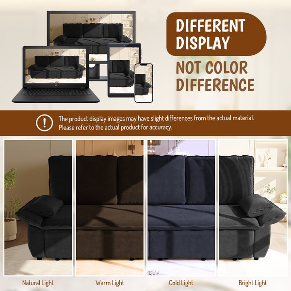 English Elm 94.5" King Convertible Sleeper Sofa Corduroy Upholstered Chaise Lounge Guest Room Bed Black W1885S00404