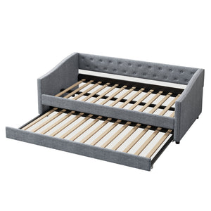 English Elm Twin Size Daybed With Trundle - Upholstered Light Grey Sofa Bed, Button-Tufted & Copper Nailhead Trim W2336S00042-GIGA