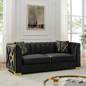 English Elm 81" Tufted Velvet Chesterfield Sofa with Gold Steel Legs for Elegant Living Rooms Black W1191S00063