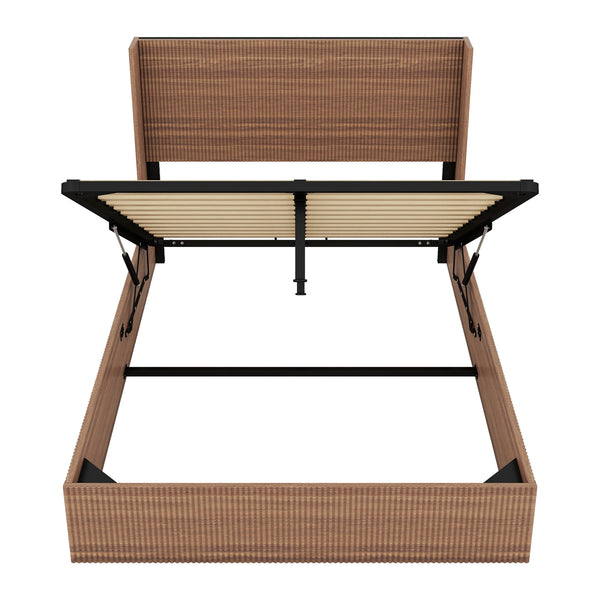 English Elm Large Queen Walnut Storage Bed Frame with Hydraulic Lift, Rustic Slatted Wood Design, Sturdy Iron Support and Quiet No-Spring Operation W1858P307153