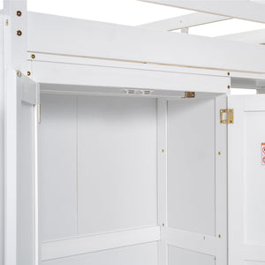 English Elm Wood Full Size Loft Bed with Built-in Wardrobe, 4-Tier Storage Shelves, LED Light, Pine MDF Durable White GX000463AAK