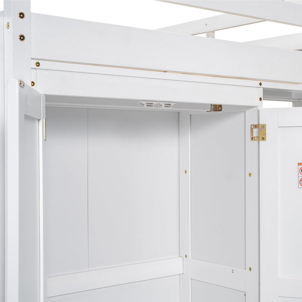 English Elm Wood Full Size Loft Bed with Built-in Wardrobe, 4-Tier Storage Shelves, LED Light, Pine MDF Durable White GX000463AAK