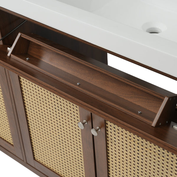 English Elm 60 Inch Double Sink Bathroom Vanity Rattan Pine Legs Soft Close Storage Brown N817P296140B