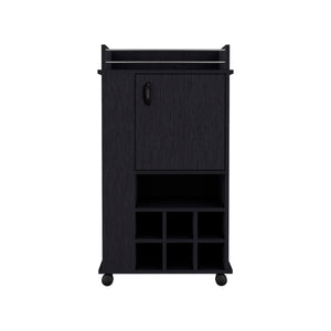 English Elm Fargo Bar Cart with Cabinet, 6 Wine Slots, Open Shelf & Casters in Black — Stylish Home Bar Station B200P188867