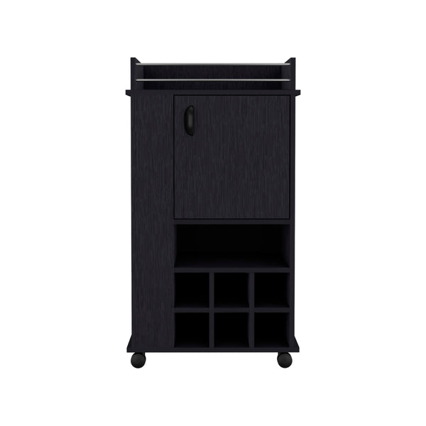 English Elm Fargo Bar Cart with Cabinet, 6 Wine Slots, Open Shelf & Casters in Black — Stylish Home Bar Station B200P188867