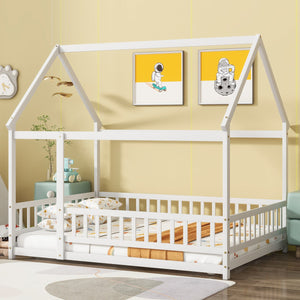 English Elm Full Size House Floor Bed With Roof Frame & Safety Guardrails - Cozy, Imaginative Retreat For Kids W504P286408