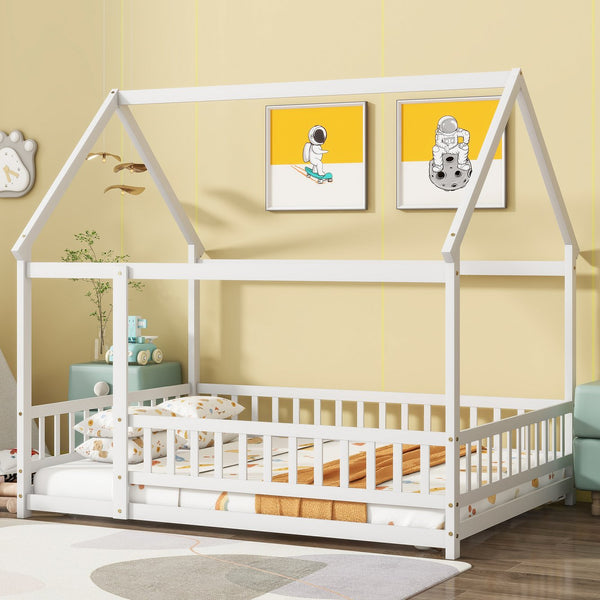 English Elm Full Size House Floor Bed With Roof Frame & Safety Guardrails - Cozy, Imaginative Retreat For Kids W504P286408