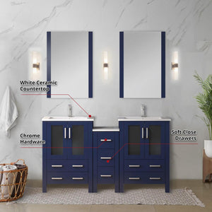 English Elm Navy Double Bath Vanity 60"W x18.25"D with Side Cabinet, Chrome Faucet, White Ceramic Top, Mirrors B2731S01211