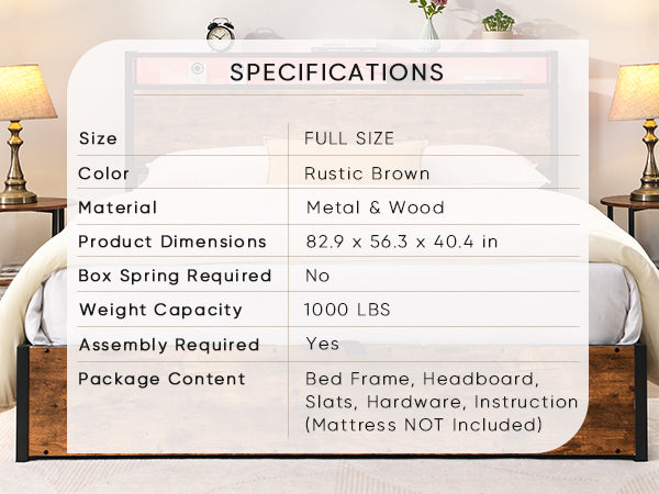 English Elm Lift-Up Storage Bed Frame: Full-Sized Platform Bed With Led Lights, Charging Station & Rustic Brown Finish W1916P184709