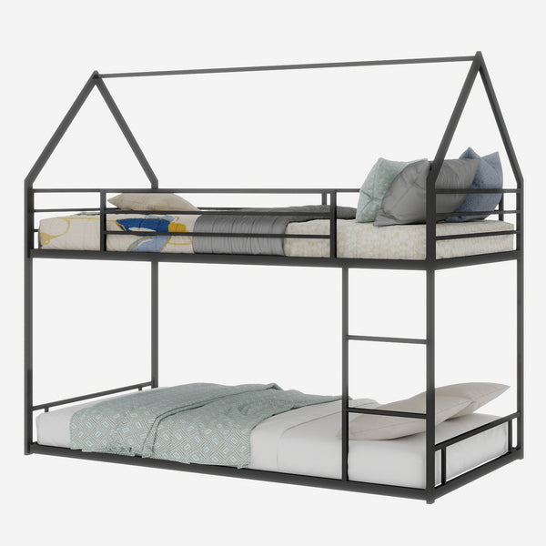 English Elm Metal Twin over Twin Bunk Bed Sturdy Heavy-Duty Frame with Silent Slats, 13" Guardrail & Ladder Black W1935P330797