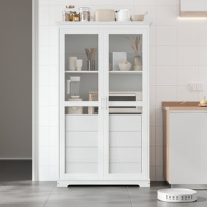 English Elm Topmax Solid Pine Pantry Cabinet with Glass Doors Four Drawers Farmhouse Storage White SP000086AAK