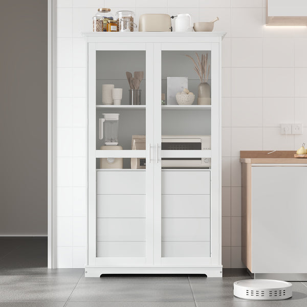 English Elm Topmax Solid Pine Pantry Cabinet with Glass Doors Four Drawers Farmhouse Storage White SP000086AAK