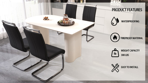 English Elm 63 Inch Cream Mdf Dining Table Set with Pu Chairs and Sculptural Wavy Legs for Five W2189S00903