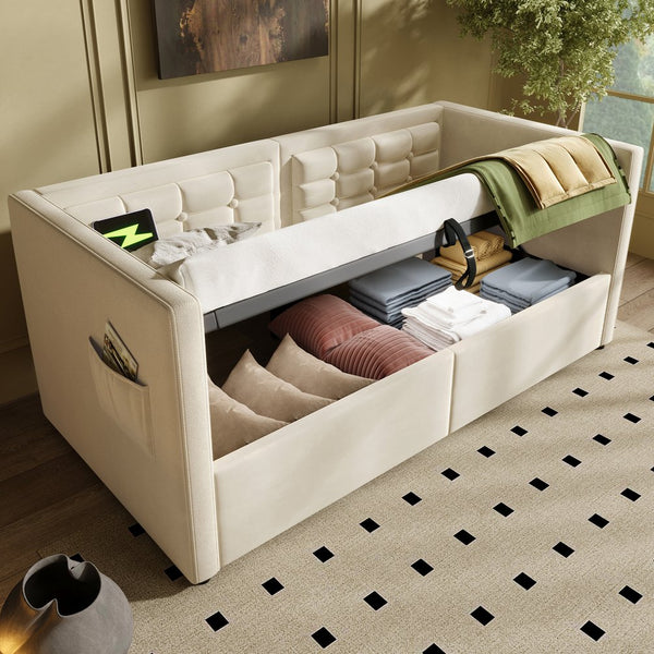English Elm Upholstered Twin Daybed with Hydraulic Storage, Velvet Tufted Sofa Back, USB & Type-C Charging Port Beige N736P303402B