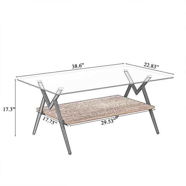 English Elm Coffee Table Set Of 3 With Gray Tempered Glass Top, Stylish Mdf Shelf & Iron Legs For Modern Living W241S00047