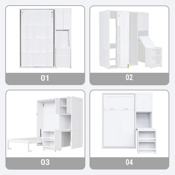 English Elm Twin Size Rotating Murphy Bed With Desk, Bookshelf & Storage – Smart Space-Saving Solution In White N820S00066K-GIGA