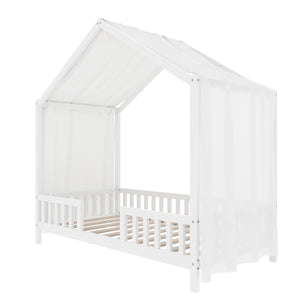 English Elm Montessori House Bed Frame Twin with Canopy & Full Guardrails, Cozy Kids Platform Bed for Toddlers White 81.5 L x 16 W x 6.6 H N733P356043K