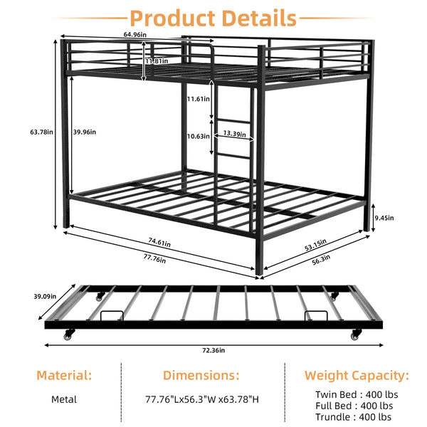 English Elm Durable Iron Bunk Bed With Trundle, Safety Rails & Modern Design – Perfect For Kids, Guests & Space-Saving! W1935P360854