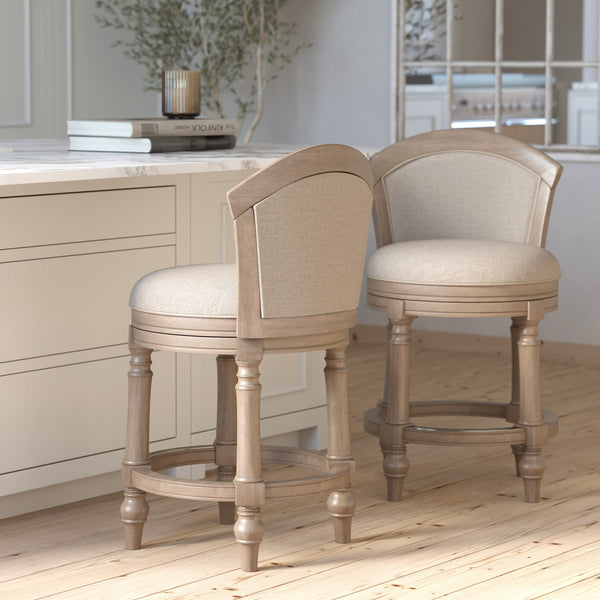 English Elm 26" Farmhouse Barrel Back Swivel Counterstool Upholstered Wood Frame Kitchen Island Seating Gray B2751P436472