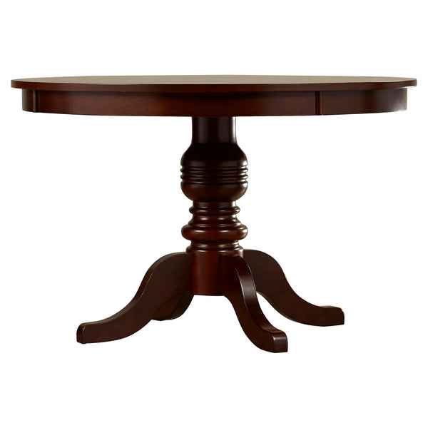 English Elm Contemporary Solid Wood Round Pedestal Dining Set Seats Four in Brown Cherry Finish B2741S00803
