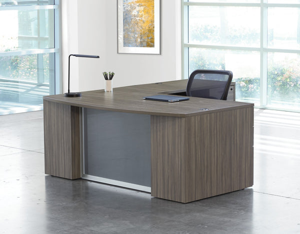 OSP Home Furnishings Napa Executive L-shape Desk with Tempered Glass Panel and Bow Top Work Surface NAPURB-TYP208G