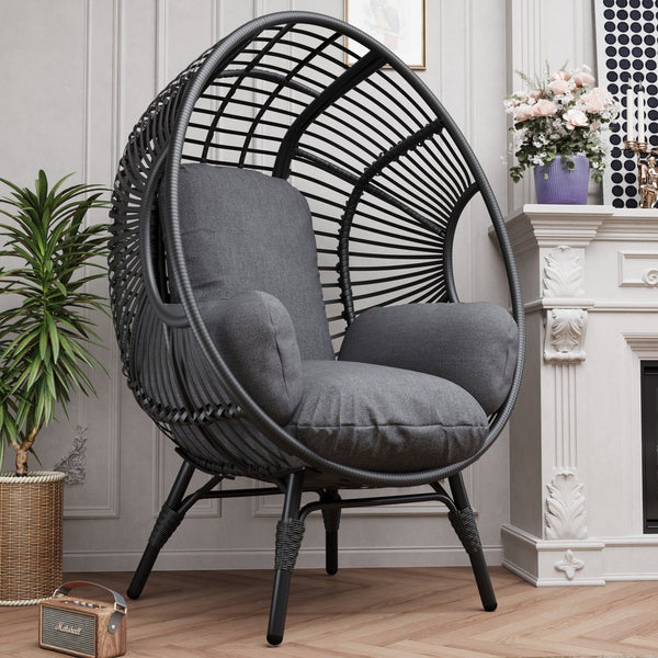 English Elm New PE Wicker Egg Chair with Ergonomic High-Front Low-Back Design, Weather-Resistant Rattan & Plush Cushion Comfort Black+ Gray W400P241060