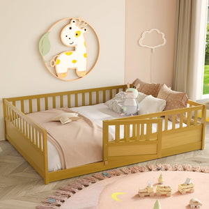 English Elm Full Full-Size Montessori Floor Bed with High Safety Fence, Clockwise Door, Pine Frame & Support Slats Natural Wood W1858P310086