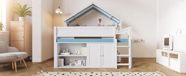 English Elm Full Size Pine Loft Bed with House Canopy Roof Built in Shelves and Storage Cabinet N7090005012C