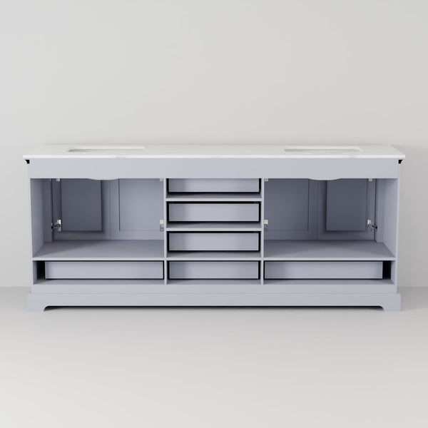 English Elm Dark Grey Double Bath Vanity With Carrara Marble Top, Chrome Faucets & Mirrors - Stylish Storage Solution B2731S01031