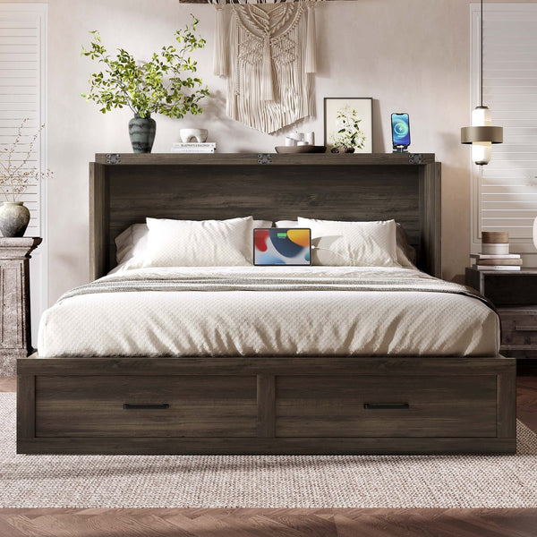 English Elm Murphy Full-Size Cabinet Bed with Built-In Charging Station, Storage Drawer & 700lb Capacity Comfort Gray 57.25 L x 27 W x 6 H N733S293997G