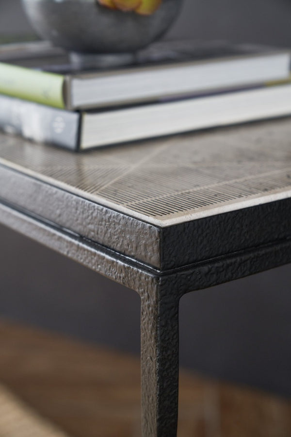 Hooker Furniture Commerce Travertine Console Table With Tribal Screen-Printed Top And Forged Metal Base For Entryways Black 7228-85022-00