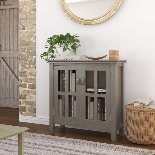 English Elm Artisan Low Storage Cabinet In Farmhouse Grey - Versatile Handcrafted Design With Glass Doors & Shelves B136P158393