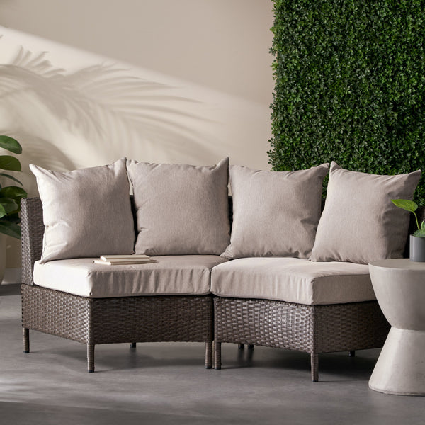 English Elm Christopher Knight Home® - PT LIMON SINGLE SOFA Curved Armless Outdoor/Indoor Faux Rattan Chairs with Water-Resistant Cushions and Heavy-Duty Iron Frame Brown 54786.00BRN