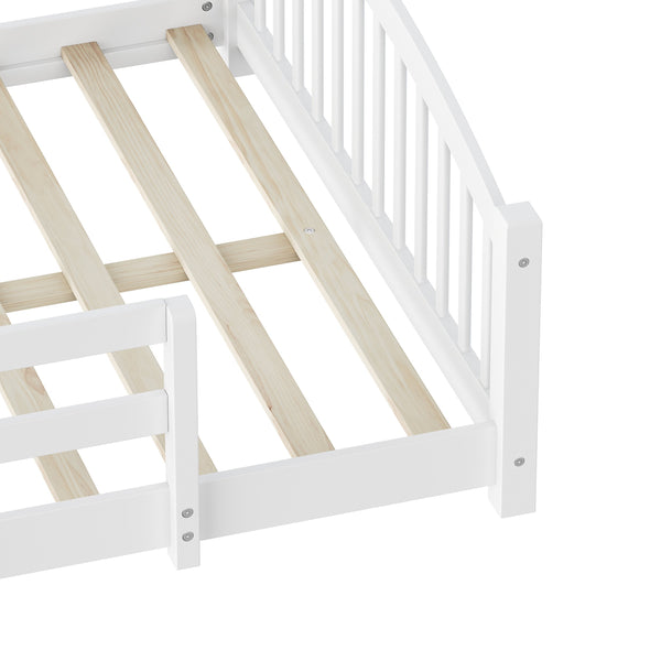 English Elm Full Montessori Pine Wood Floor Bed with Safety Rails Low Profile Kids Room Frame White N733P400299K