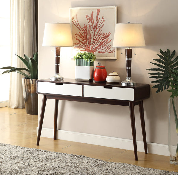 English Elm Christa Espresso & White Sofa Table with 2 Drawers, Tapered Legs, Wood Veneer MDF Solid Wood Finish B2726P270998